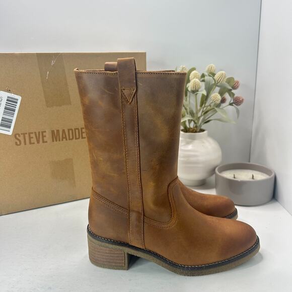 Steve Madden Winny Leather Pull On Round Toe Boots 247 Cognac Women 6.5 Tried On - Picture 1 of 11